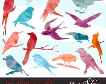 Fall Watercolor Bird Silhouettes Clipart. Watercolor bird graphics, bird silhouettes.