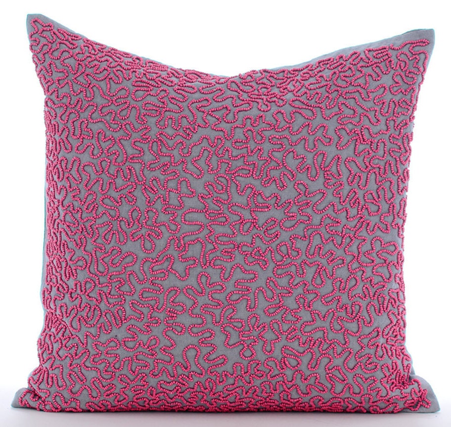 Pink Decorative Pillow Cover Square Fuchsia Pink Beaded