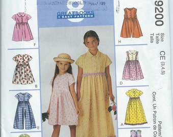 McCall's 9200 Girls' Dress, Jumpsuit and Romper - Size 3-4-5 - Uncut Pattern