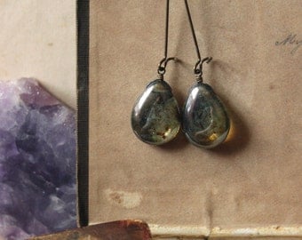 Galaxy. Rustic Boho Earthy Czech Glass Teardrop and Antiqued Brass Earrings.