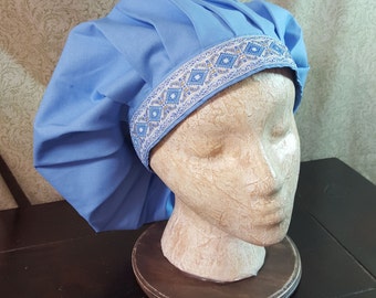 Cornflower Blue Muffin Cap With Jacquard Trim, Renaissance Costume, Floppy Hat, Mob Cap, Medieval Caul