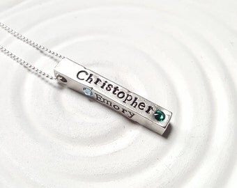 Birthstone Bar Necklace - Mother's Necklace - 4 Sided Bar - Birthstone Mother's Jewelry - Hand Stamped - Personalized Jewelry - Gift for Mom