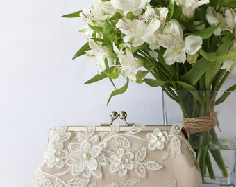 Bridal Clutch with Magnolia Flower Vine Lace in Champagne 8-inches