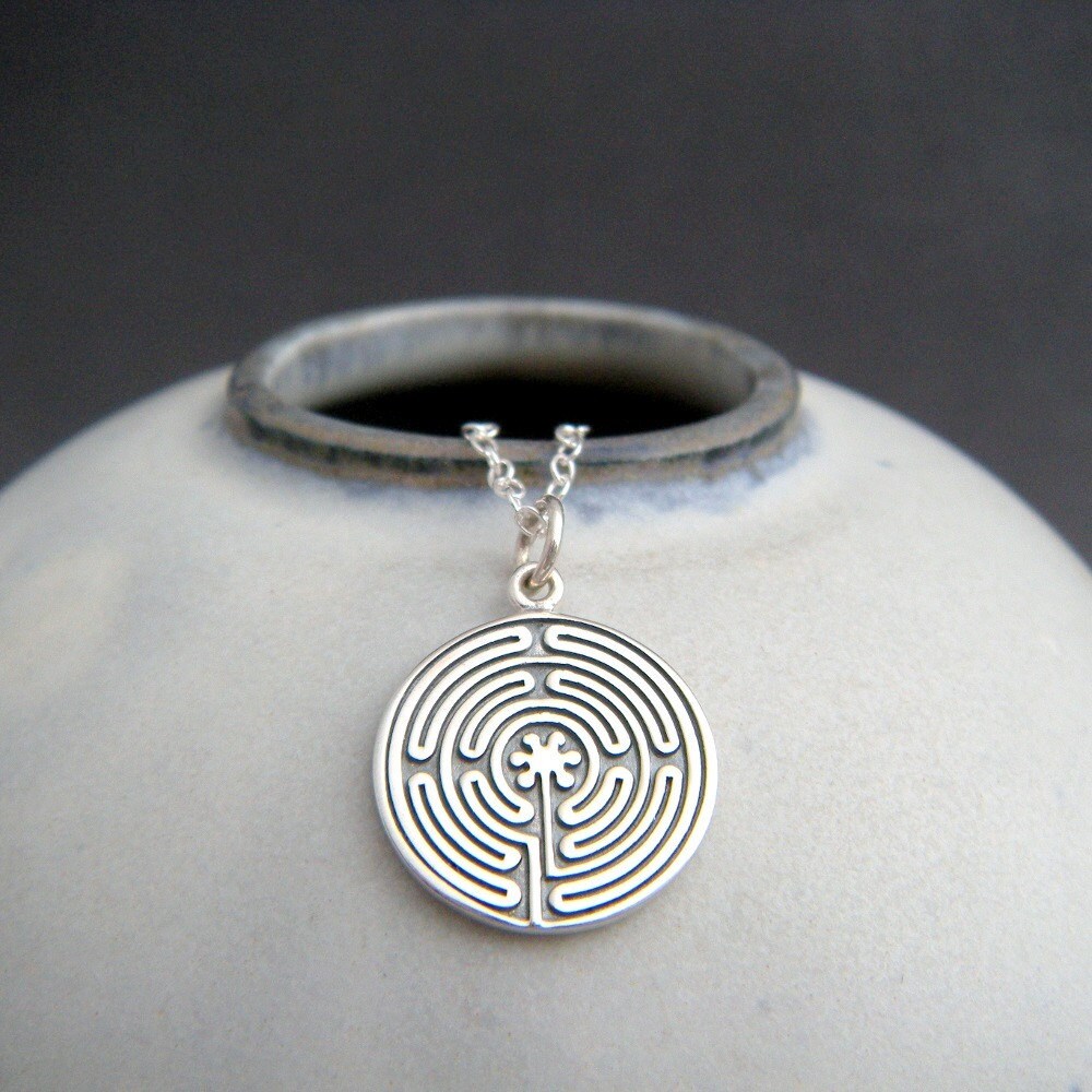 sterling silver labyrinth necklace. zen yoga yogi jewelry.