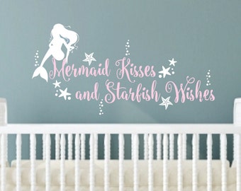 Mermaid Wall Decal, Mermaid Kisses Starfish Wishes, Vinyl Wall Lettering, Nursery Wall Decals, under the sea, ocean, starfish, mermaid decal