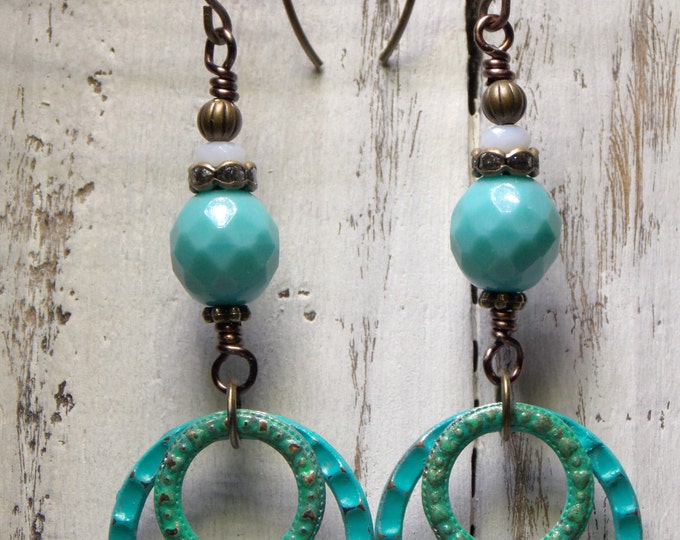 Mixed Metal Earrings Boho Earrings Long Turquoise Metal Hoop Earrings Distressed Czech Beaded Drop Earrings Long Bohemian Patina Earrings