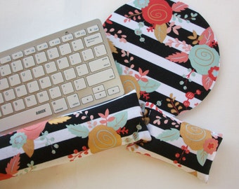 black white stripes gold metallic flowers mouse pad Keyboard rest and or WRIST REST MousePad set - coworker gift - office Desk Accessories
