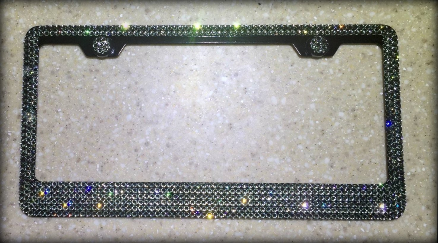 6 Row Black Metal License Plate Frame with Black Diamond
