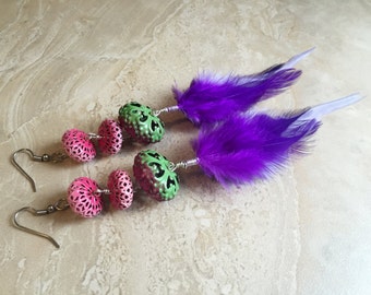 Feather Earrings - Colorful Feather Earrings - Purple and Pink Beaded Feather Earrings (Ready to Ship)