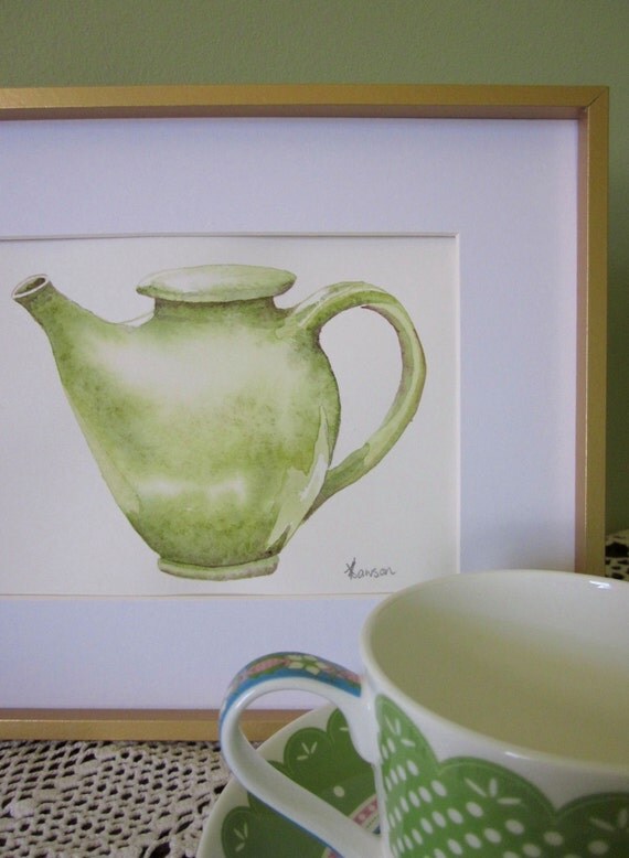 Original watercolour teapot painting Moss green by AnneLawsonArt