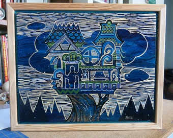 Dream House, Original Carved Wood Painting - Buzz Parker - 11 x 14 inches treehouse trees HOME TREE HOME