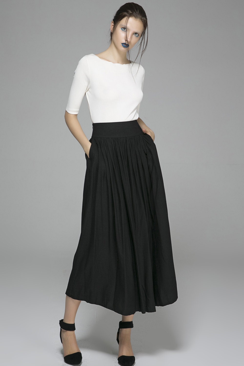 Black Skirt Pleated Skirt Long Skirt Linen Skirt Ruffle   Il Fullxfull.844870657 G1a9 