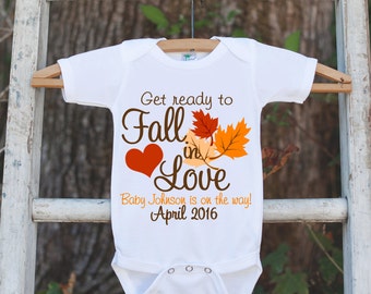 Pregnancy Announcement Onepiece - Baby Is On The Way - Pregnancy Reveal Idea - Personalized with Name and Date - Get Ready To Fall In Love