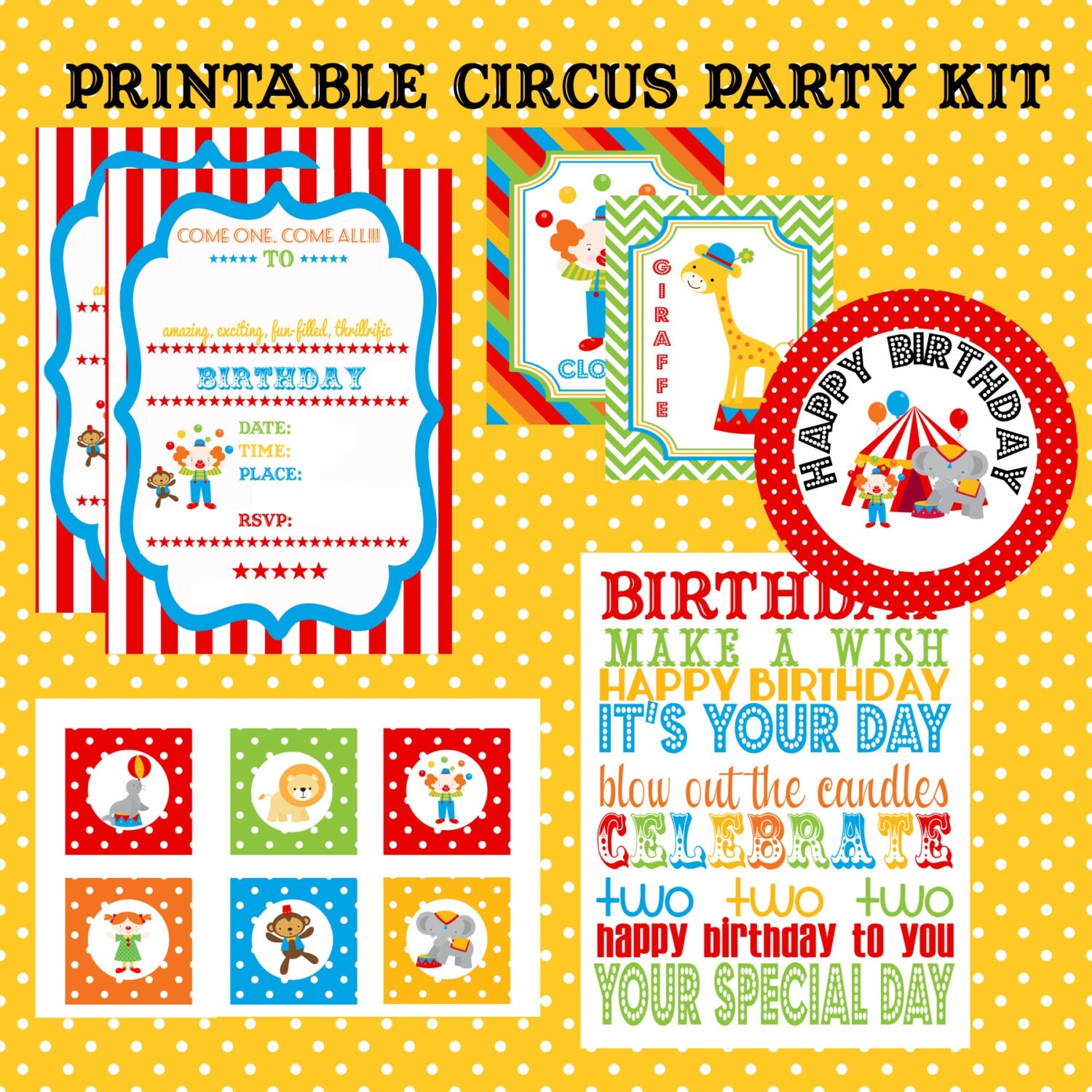 Circus Birthday Party Kit Printable Instant Download