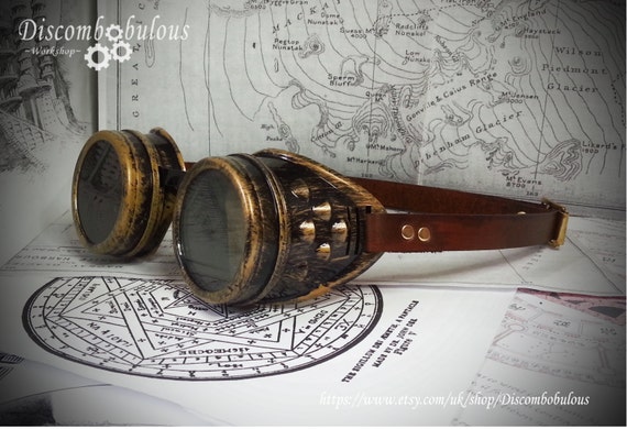 Steampunk Goggles Brass & Brown Leather - The Pilot, Dieselpunk, Adventurer, Time Traveller, Explorer, Airship, Kraken, Burning Man by Discombobulous steampunk buy now online