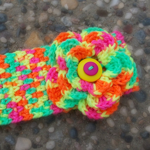 Crocheted Earwarmer Winter Headband with Flower- Dayglow, Neon, Button, Ski, Fall, Winter, Size: teen-adult