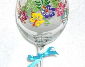 Wine Glass Hand Painted Tropical Flower