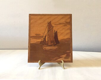 Vintage marquetry wall hanging, wood picture, mid century wood inlay picture, marquetry picture, vintage ship picture, wood marquetry art