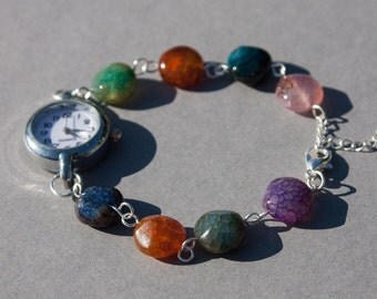 Multi coloured cracked agate bracelet watch, bright coloured womens watch, watch bracelet UK