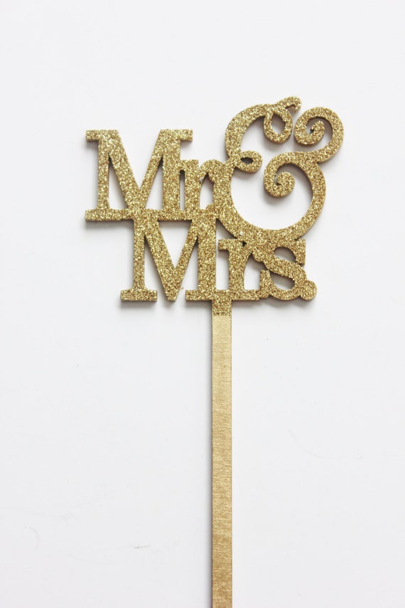 MR. & MRS. Gold Glitter Wood Sparkle Glittered Cake Topper