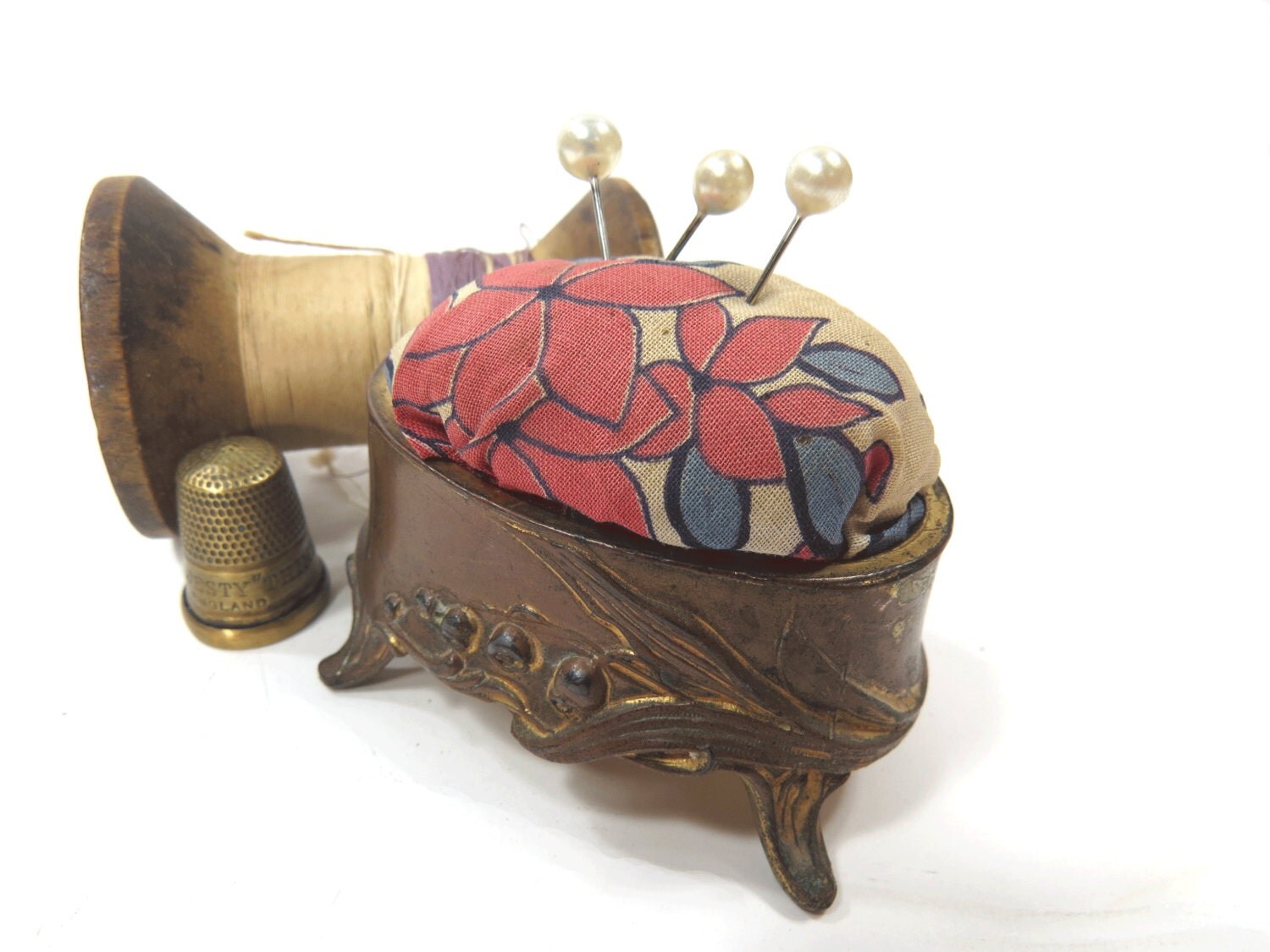 Antique Pin Cushion in Brass Trinket Casket Box Art Nouveau Floral