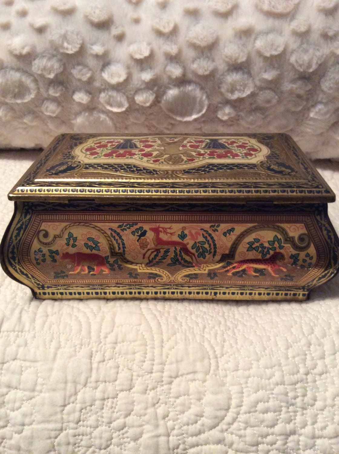 CHRISTMAS SALE 1940s Antique Rare Reindeer and Cherub Tin Container ...