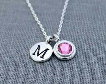 Mothers Initial Necklace Silver, New Mom Jewelry, Pink Tourmaline October Birthstone Necklace, Personalized Grandma Necklace