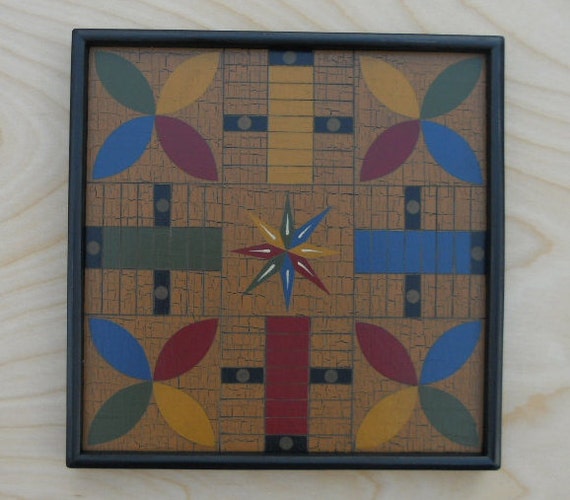 Parcheesi Miniature Game Board Wood Hand Painted Folk