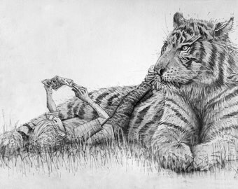 Calvin and Hobbes on a lazy sunday print from a pencil drawing