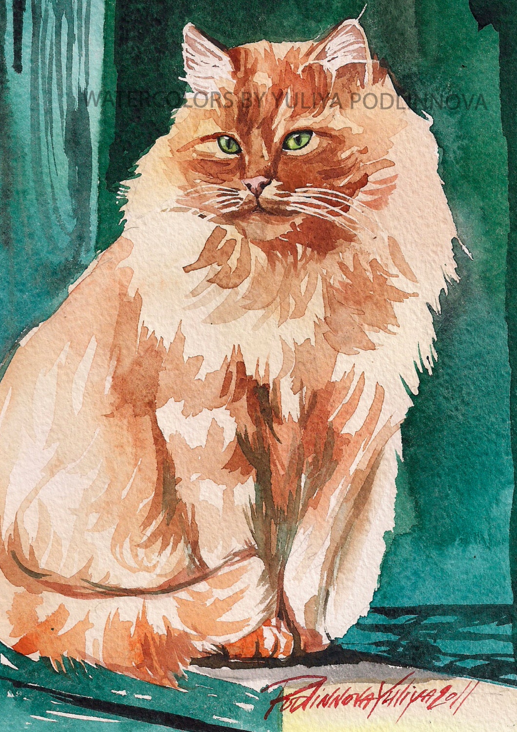 Fluffy Orange Cat Printable Image of Original Watercolor