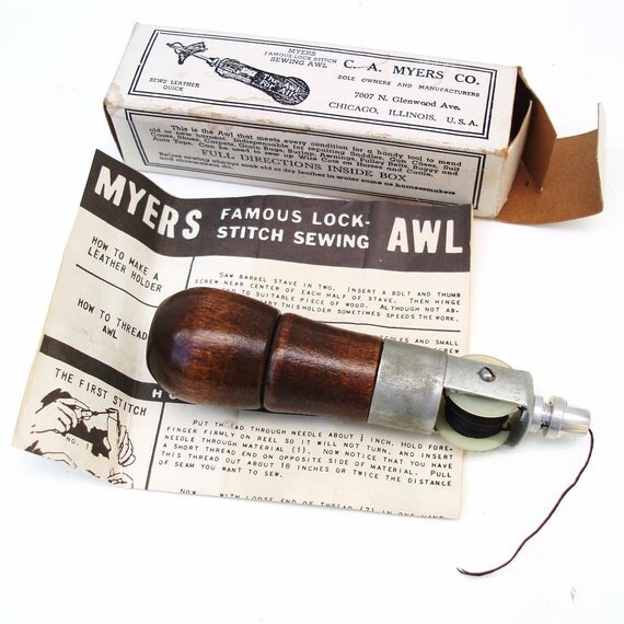 Vintage Leather Awl Repair Kit Sewing Tool Wood Kit by WhimzyThyme