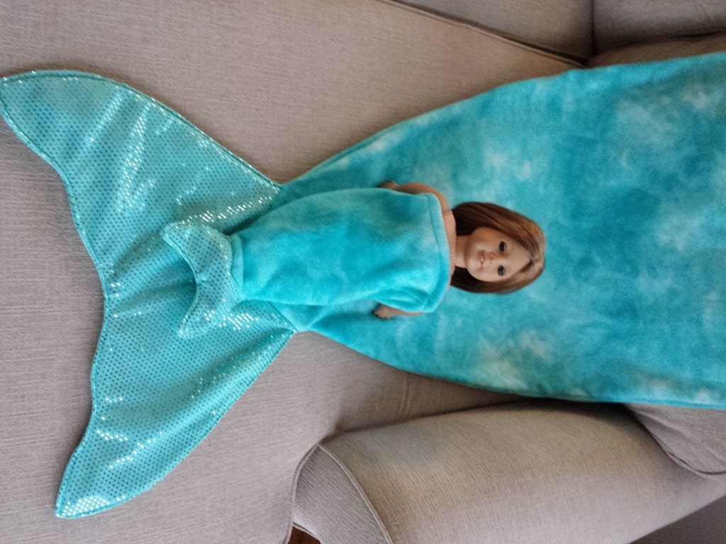 Mermaid Tail Blanket Matching Girl and Doll Set Teal Fleece