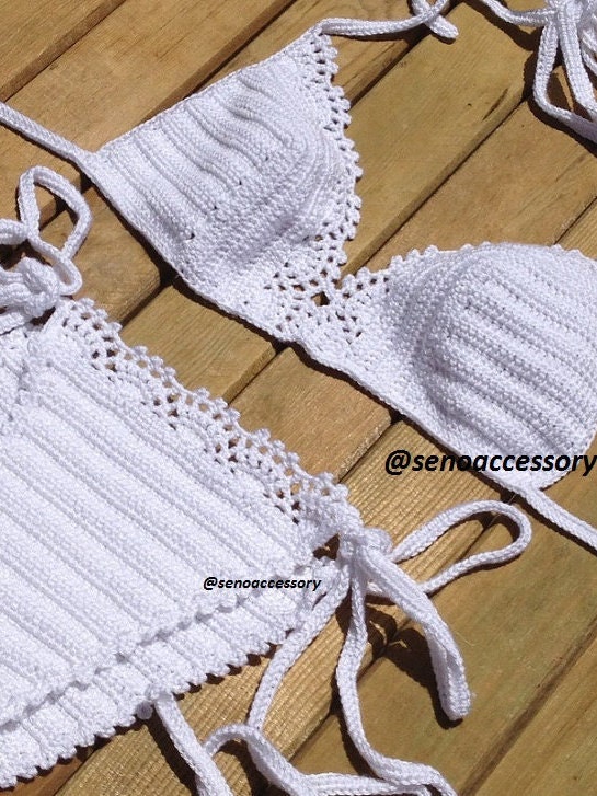 white Women Swimwear Crochet Bikini Top Bikini Bottom Swimsuit