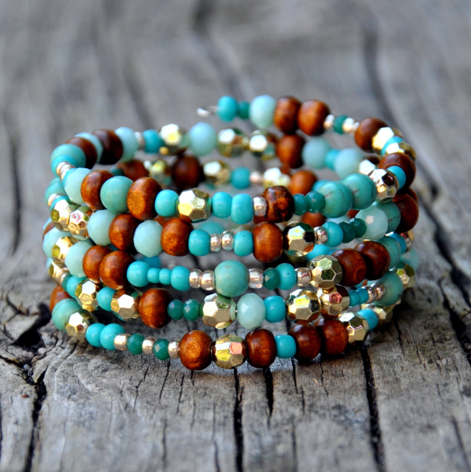 Turquoise Wood & Gold Eclectic Boho Wrap by HoleInHerStocking