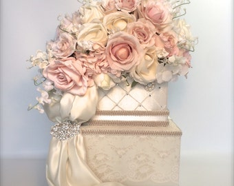 Wedding Card Box Ivory Pink Lace Wedding Card Holder Secured Lock Wedding Card Box, Diamond Wedding Card Box, Off White Wedding Card Box