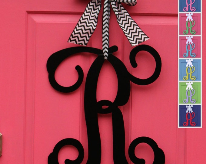 Monogram Wreath - Door Wreath - Door Monogram - Metal or Wood Monogram - Choose letter and bow color