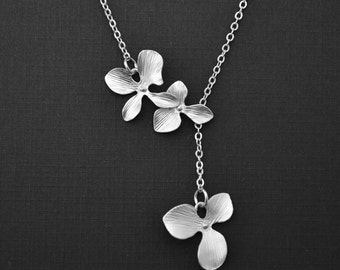 10% OFF, Orchid necklace, Flower necklace, Silver necklace,Lariat necklace,Wedding necklace,Mothers necklace,Anniversary gift,Christmas gift