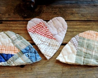 Cutter Quilt Hearts Prim Appliques Old Primitive Patchwork Quilted Fabric Cutouts Valentine Scrapbook Crafting Embellishments itsyourcountry