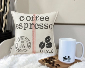 12" Coffee Grain Sack Pillow - Coffee Lover Decor - Vintage Inspired - Cotton Canvas - Loop & Toggle Back - Insert Included - Made to Order