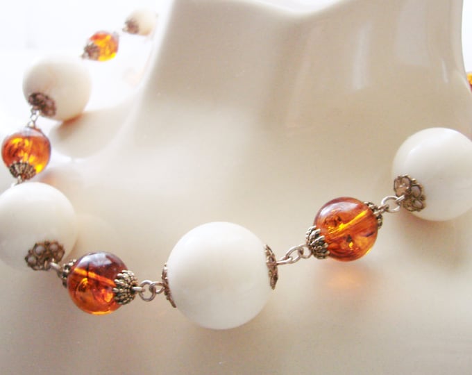 Faux Amber & Creamy Lucite Bead Necklace / Matching Chandelier Earrings / Demi Parure / Vintage / Jewelry / Jewellery