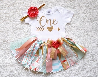 Pink Mint Gold Coral 1st Birthday Girl Outfit 1st Birthday Outfit Baby Tutu Baby Girl 1st Birthday Outfit Cake Smash Girl Outfit Fabric Tutu