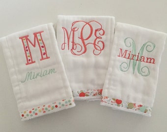 vine monogram girly burp cloths/ new baby gift/ baby shower gift/ floral monogram burp cloths/ pink, peach, champagne, mint, gold burp cloth