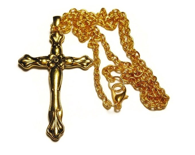 FREE SHIPPING Gold plated cross pendant, detailed antiqued gold plated floral cross pendant and chain large bail, unisex men's woman's