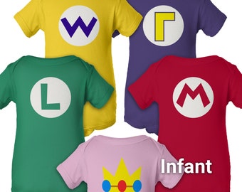 Super Mario Brothers Party - Infant Baby Onesie - Short Sleeve One-Piece - Mario Luigi Princess - Boy & Girl - Nintendo Halloween Costume