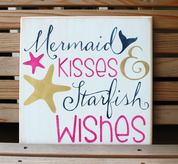 MERMAID KISSES and STARFISH Wishes - 12 x 12 - Painted Wooden Sign - Beach Decor - Mermaid Decor - Bathroom Decor - Hand Painted - Wood