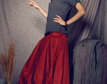 maxi skirt, long skirt, Red skirt, Pleated Skirt, linen skirt, Full Skirt, flared skirt,pocket skirt, made to order