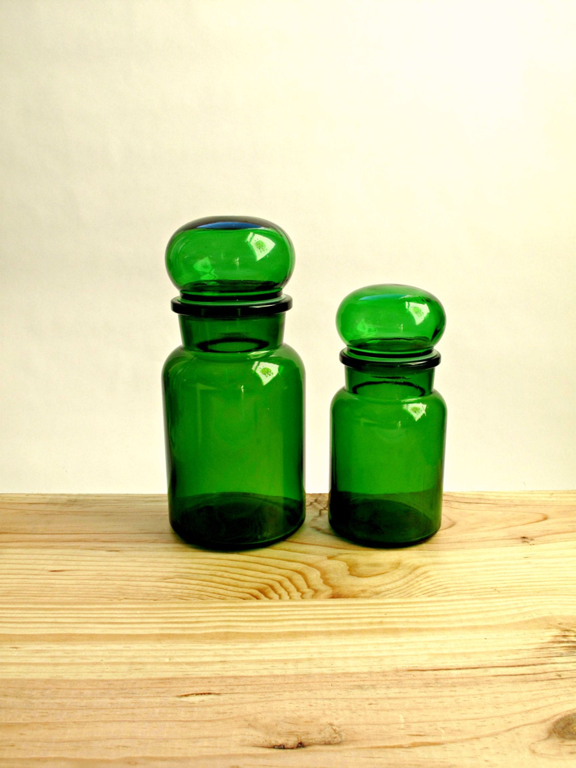 Vintage Pair of Green Glass Apothecary Bottles Jars with Bubble Lids
