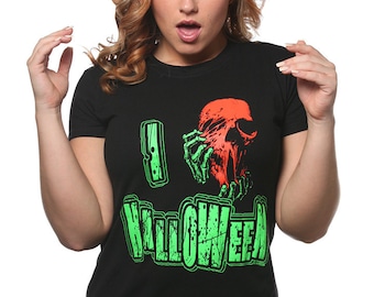 I love Halloween T-Shirt Scary Neon Florescent Skull Horror Geek Geekery Trick or Treat Punk Rock Tee Shirt Tshirt Mens Ladies S-3Xl