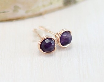 Amethyst Earrings, 14k Rose Gold Filled Purple Amethyst Stud Earrings Wire Wrapped Pink Gold February Birthstone Post