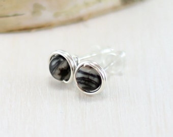 Jasper Earrings, Sterling Silver Black and White Stone Stud Earrings Wire Wrapped Post Earrings Picasso Jasper Jewelry
